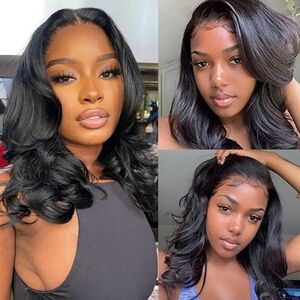 Brazilian Body Loose Wave Bob Wig Lace Front Human Hair 16 Inch Natural Black